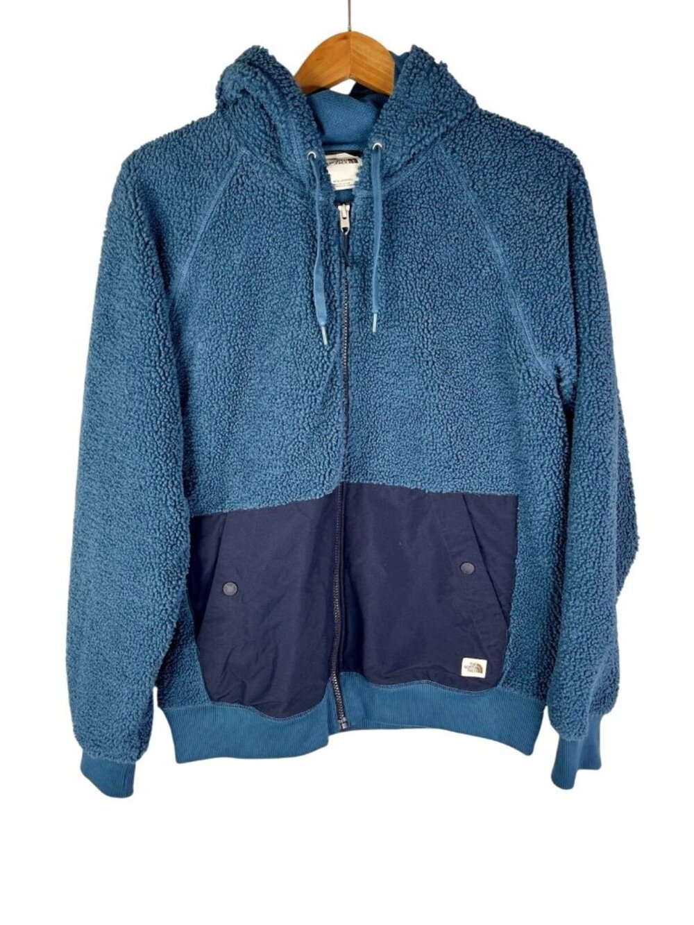 THE NORTH FACE Men's Blue Sherpa Fleece Full Zip Hooded Coat Medium